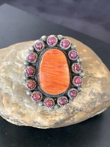 Navajo Sterling Silver Purple Orange Spiny Oyster Cluster Ring Sz 8 11513 - Picture 1 of 12