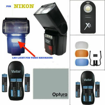 SPEEDLIGHT FLASH + COLOR DIFFUSER +LED LIGHT + BATTERIES FOR NIKON D3400 D3500 - Image 1 of 4