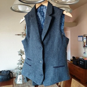 Womens UK Vintage Tweed Herringbone Waistcoat Navy Wool XS Tailored Vest NWOT - Picture 1 of 8