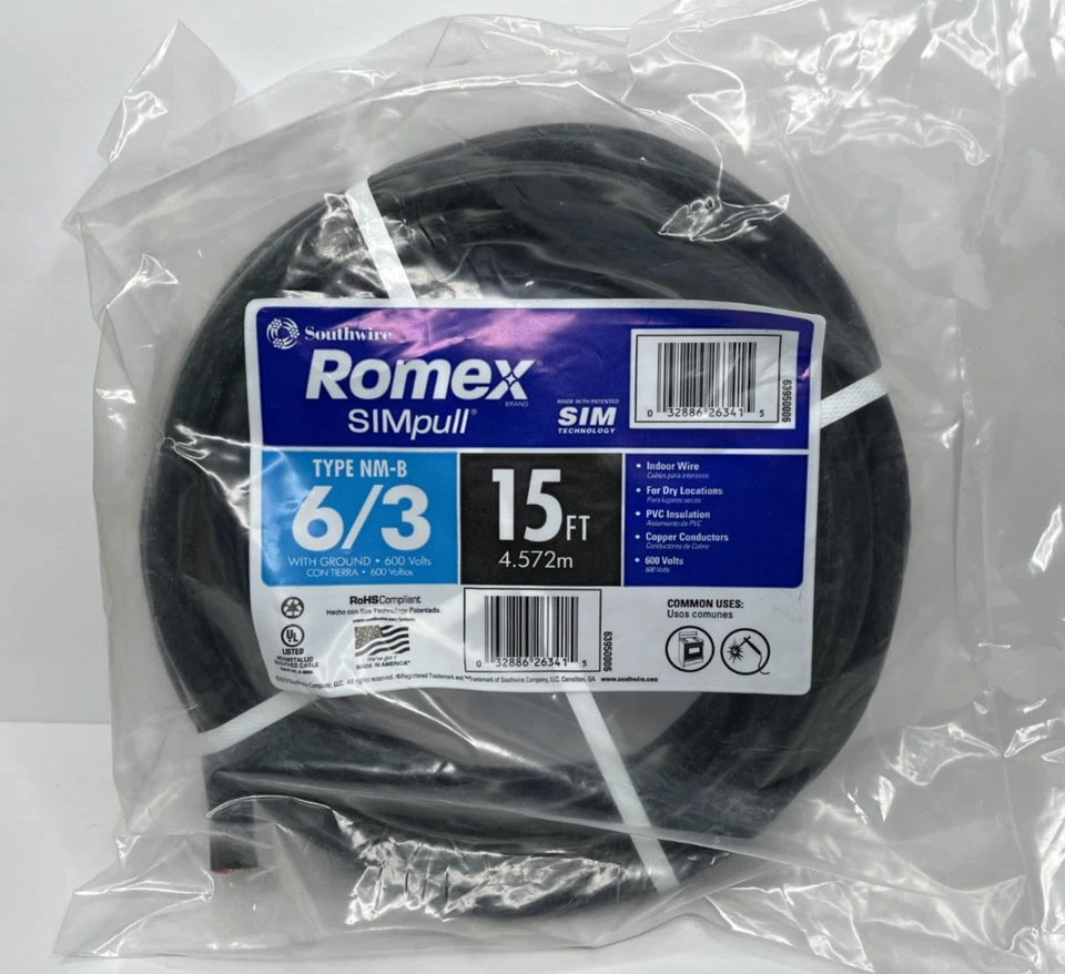 Southwire Building Wire 15 Ft. Jacketed 6/3 Stranded ROMEX SIMPULL Black
