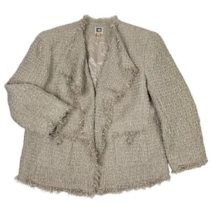 Anne Klein Fringed Tweed Blazer Jacket Women’s Size 12 Beige Textured Lined - Picture 1 of 9