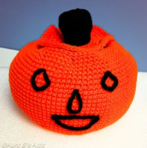 Pumpkin/Jack O Lantern Bright Orange Hand Crocheted Yarn Container W/ Lid - Picture 1 of 8