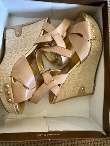 Audrey Brooke Wedge Sandals High Heels Light Natural Leather Size 10 - Picture 1 of 7