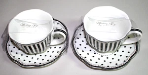 Monterey Bay Black Dots Stripes Fine Porcelain Tea Cups & Saucers Set of Two New - Picture 1 of 3