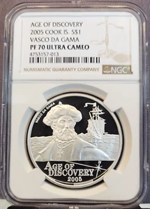 2005 COOK ISLANDS SILVER 1 DOLLAR VASCO DA GAMA NGC PF 70 ULTRA CAMEO POP 1 - Picture 1 of 5