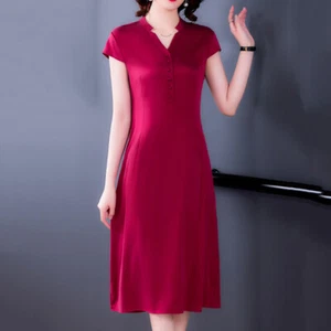 Women Midi Dresses Faux Silk Satin Button V-neck Solid Slim Workwear Banquet - Picture 1 of 15