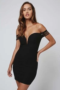 NEW RARE LONDON BLACK BARDOT OFF THE SHOULDER MINI DRESS COCKTAIL PARTY LOOK UK - Picture 1 of 9