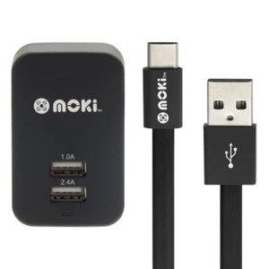 Moki Wall Charger Adapter w/ Type-C Syncharge USB C Cable for Samsung/LG Black - Picture 1 of 2