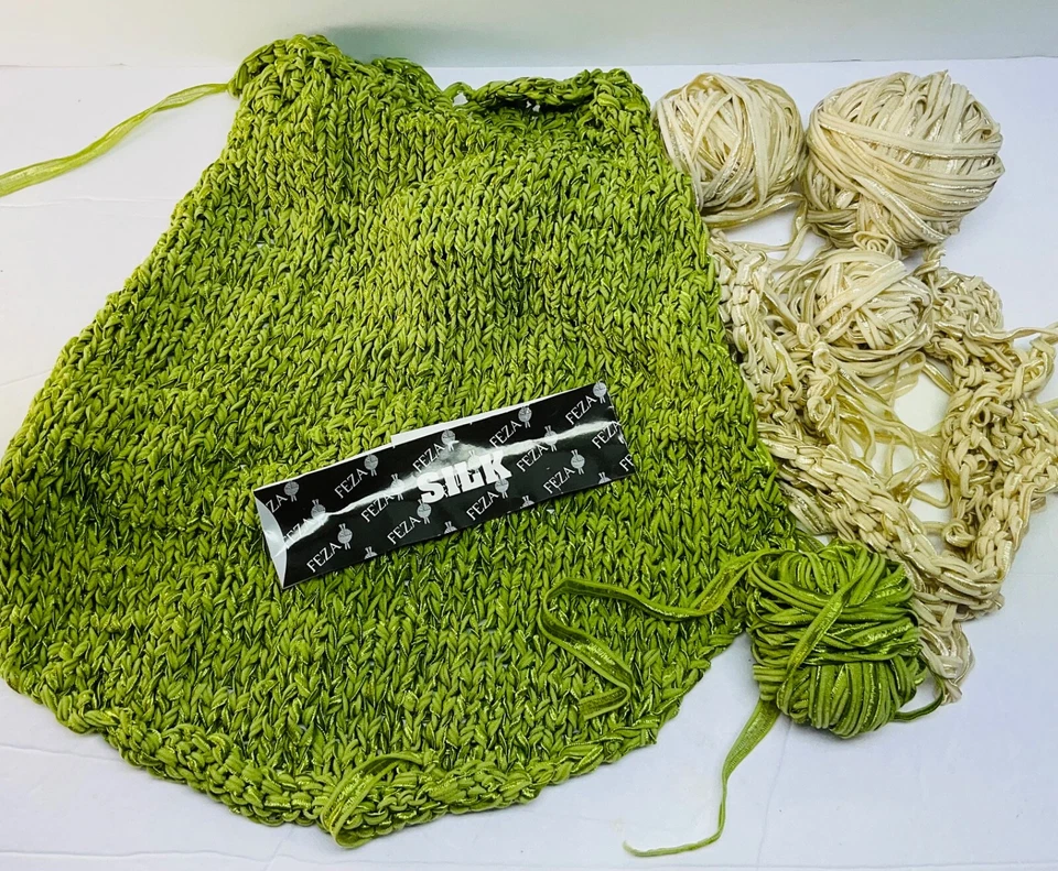 Feza Ribbon Yarn Named SilkBut 100% Poly Lot of Started Project & Balls - Image 1 of 4
