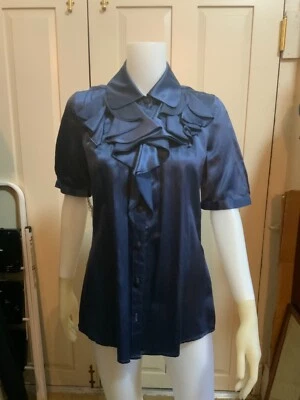 Blusa WALTER Azul Mezcla Seda Volantes Frontal Abotonada 4 S Pequeña Foto 1 de 4