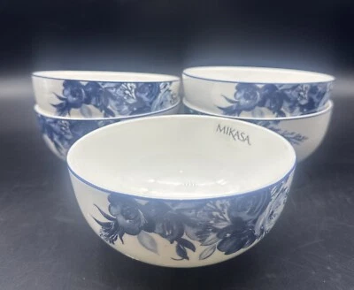 Mikasa DARCY BLUE WHITE Floral Bone China 6” Cereal Soup Salad Bowl Set Of 5 NEW - Image 1 of 4