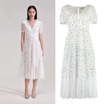 Self-Portrait Polka Dot Pleated Chiffon Midi Dress UK10 US 6 - Image 1 of 4