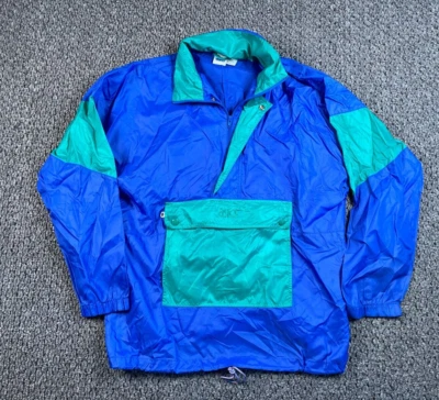 Jaqueta corta-vento vintage anos 90 Asics 1/2 zíper adulto média azul verde capuz escondido - Imagem 1 de 4