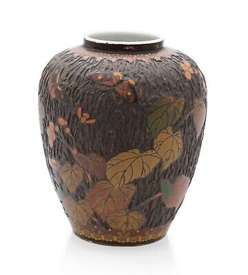 Japanese Totai Shippo Juhi Vase - Antique Cloisonne Porcelain Bark & Leaves • 255£