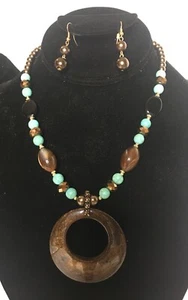 Turquoise and Brown Beaded Necklace and Earrings Fashion Jewelry - Picture 1 of 3