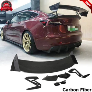 For Tesla Model 3 Sedan 2016-2023 Dry Carbon Fiber Rear Trunk Spoiler Sport Wing - Picture 1 of 12