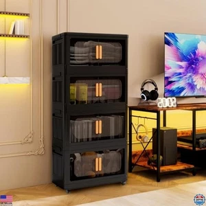 156 QT Collapsible Storage Bins with Lid Black Stackable Organizer with Wheels - Picture 1 of 6