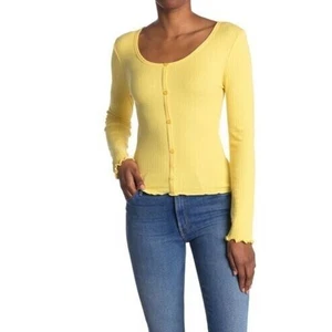 Abound Women's Button Front Long Sleeve Pointelle Knit Top Yellow Bamboo 2XS - Picture 1 of 3