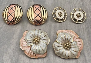 MONET Gold Tone Earring Clip-On Pierced LOT 3 Enamel Flowers Ship Wheel Vintage - Picture 1 of 15