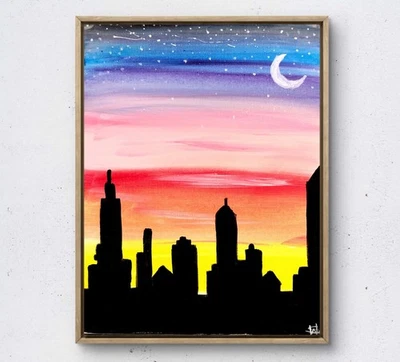 Original sunset city skyline painting 14X11 Canvas acrylic abstract home art - Image 1 of 4