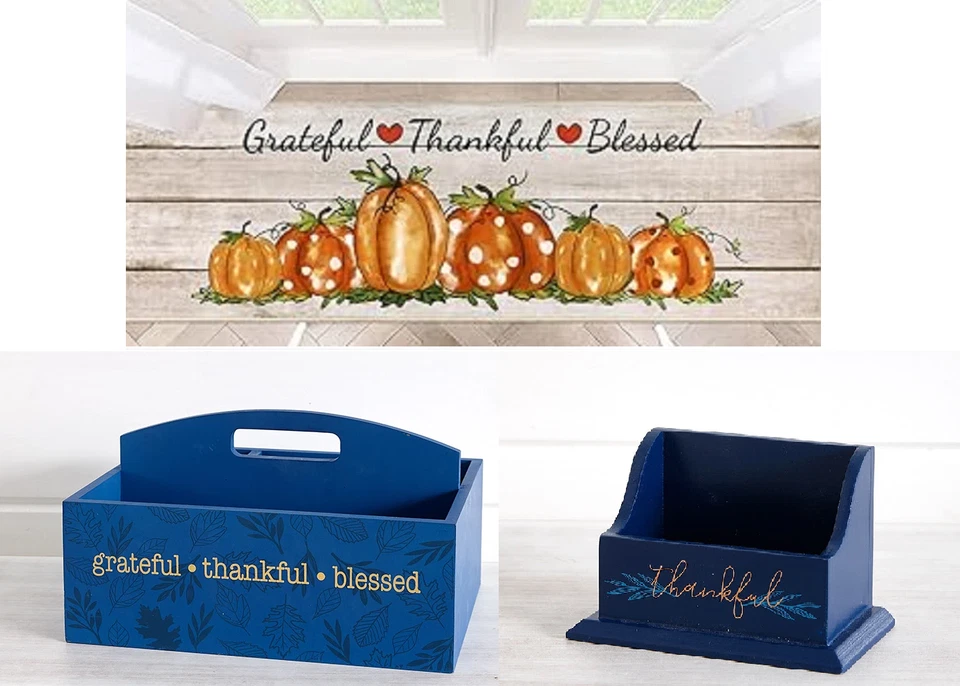 NEW Grateful Thankful Blessed Home Decor 5 Pc Bundle rug runner, storage caddies - Image 1 of 4