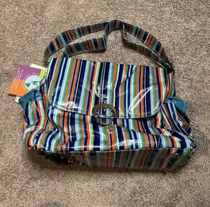 Kalencom laminated messenger diaper bag with a multi-colored stripe pattern.  - Picture 1 of 6