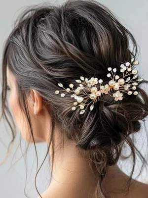 Peine de pelo de diamantes de imitación de boda pieza de pelo de cristal de perlas peines laterales de novia dorado Foto 1 de 4