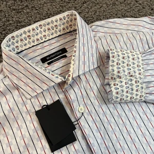 BUGATCHI  Shaped Fit Shirt Button Up Ice Blue Geometric Print Flip Cuffs NWT - Picture 1 of 11
