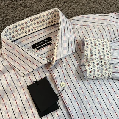 BUGATCHI  Shaped Fit Shirt Button Up Ice Blue Geometric Print Flip Cuffs NWT - Image 1 of 4