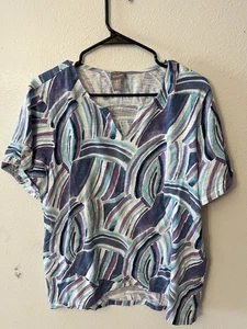 Chico's Damen Top Größe 3 US Extra Large Blau Lila Weiß Kurzarm Knöpfe - Bild 1 von 5