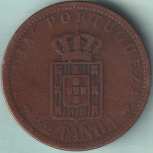 PORTUGUESE INDIA GOA CARLOS I 1/2 TANGA RARE COPPER COIN - Picture 1 of 2