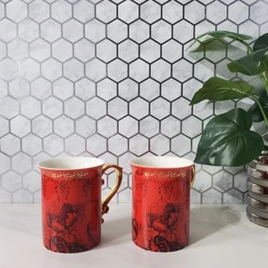 Anthropologie Red and Black Floral Scroll Gold Handle Mugs Set of 2 - Picture 1 of 14