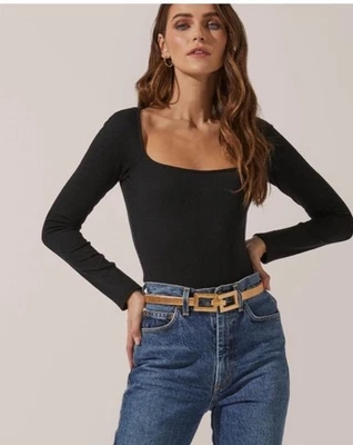 Astr the Label Black Ribbed Bodysuit Square Neck NWT Size  Small Thong NEW - Image 1 of 4