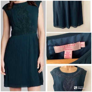 TED BAKER SASKIAH Dress Sz 2 Green Lace Pleated Lined Knee Length Women UK M - Picture 1 of 15