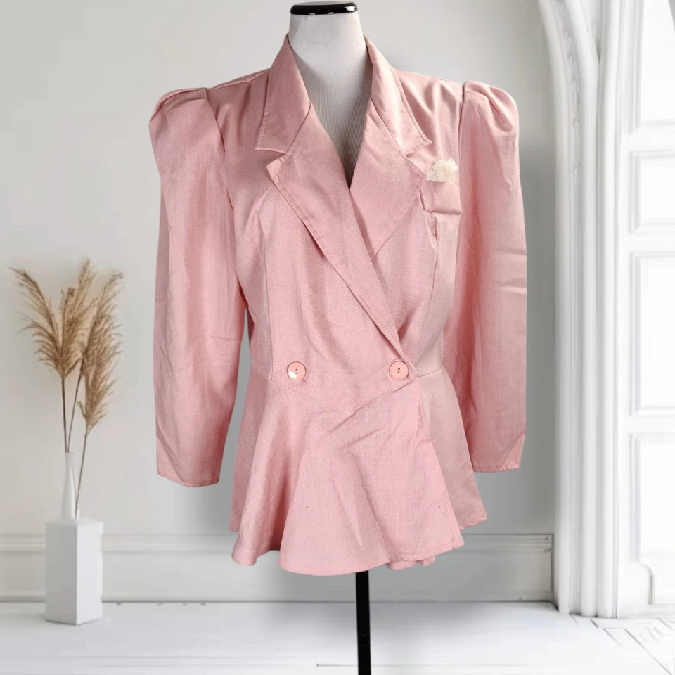 Blazer Vintage Rosa Peplum Talla 14 Un Botón Manga Abullonada Chaqueta de Montar Foto 1 de 4