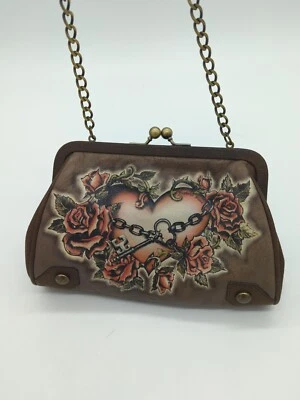 Isabella Fiore Heart In Chains Distressed Leather Clutch Shoulder Bag roses - Image 1 of 4