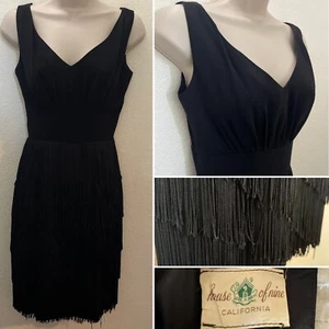 VTG House Of Nine California Black Wiggle Eyelash Flapper Cocktail Gown Dress - Picture 1 of 10