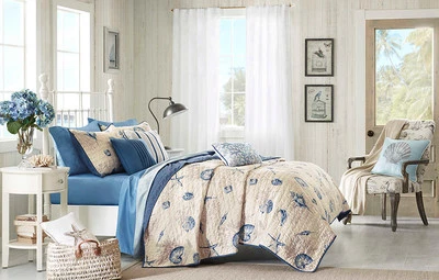 JUEGO DE EDREDÓN PLAYA MAR CORAL AZUL BLANCO GRIS TOSTADO CONCHA ARENA NÁUTICO OCÉANO COSTERO  Foto 1 de 4