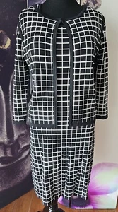 Vintage ANNE KLEIN 2 Piece Jacket Dress Suit White Black Gridline Viscose AP01 - Picture 1 of 12