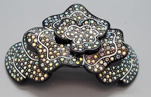 Large 3.75" Black Rhinestone Floral Ribbon Hair Clip Barrette Signed Lemiere - Picture 1 of 11