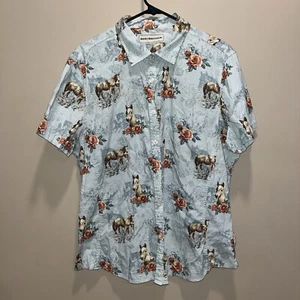 Bit & Bridle Women's Light Blue Cotton Horse& Floral Short Sleeve Button Up XL - Bild 1 von 10
