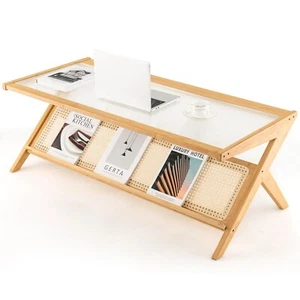Tavolino da caffè bambù 120 cm divano tavolino da caffè con piano in vetro e scaffale per riviste - Foto 1 di 9