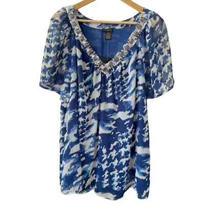 Nue Options Plus Womens Blouse Top Size 2X Short Sleeve Jeweled V-Neck Blue - Picture 1 of 8