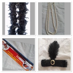 Charleston Flapper Set Black Sequin Headband Feather Boa Pearl Cigarette Holder - Picture 1 of 5