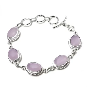 Rose Quartz Gemstone Handmade 925 Sterling Silver Jewelry Bracelet Size 7-8" - Picture 1 of 1