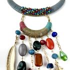 Handmade Multicolor Artificial Stones Gold Toned Feathers Statement Necklace New