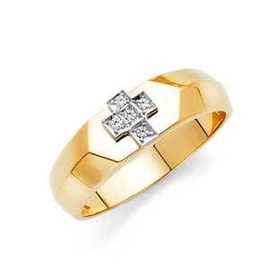 14K Real Yellow Gold CZ Men's Jesus Cross Wedding Band Ring Size 10 - Picture 1 of 1