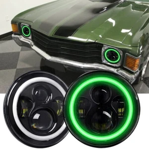 2PCS 7" Inch Round LED Headlights Green Halo HI-LO fit Chevy C10 Camaro Chevelle - Picture 1 of 10