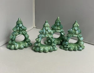 Christmas Tree Napkin Ring Set Of 4 Ceramic MCM Vintage Green Hand Painted 1991 - Picture 1 of 7