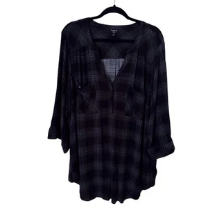 Torrid Size 4X Black Gray Long Sleeve Popover V-Neck Plaid Harper Blouse Top - Imagen 1 de 7